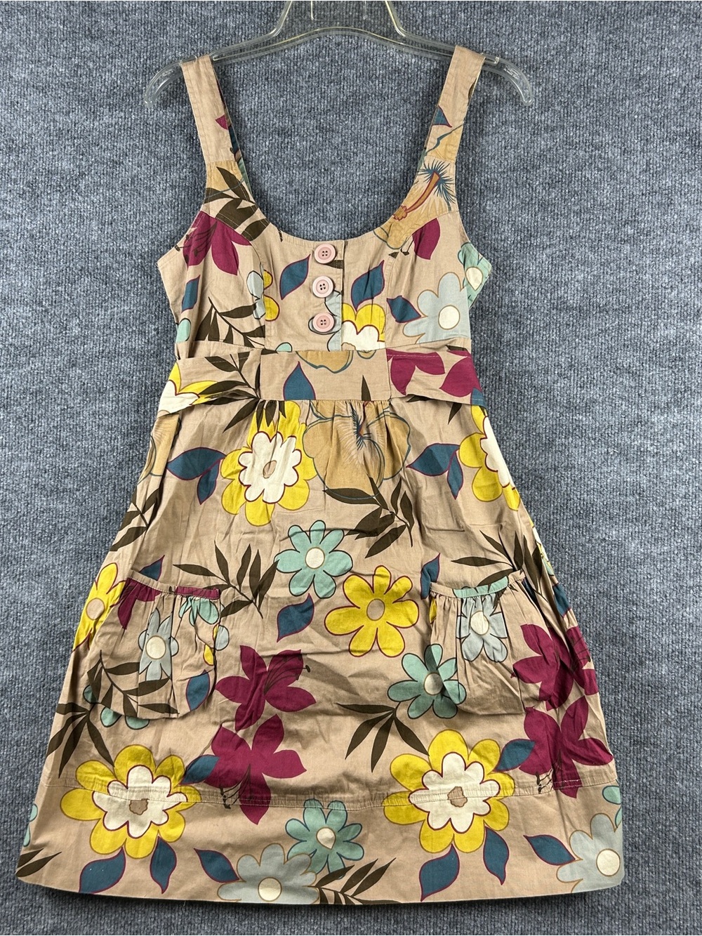 Fire Los Angeles Khaki Retro Floral Pinafore Sundress Pockets Tie Waist Size M